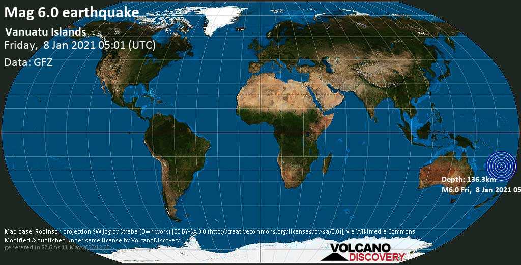 Strong mag. 6.1 earthquake - South Pacific Ocean, 371 km southeast of Port Vila, Shefa Province, Vanuatu, on Friday, Jan 8, 2021 at 4:01 pm (GMT +11)