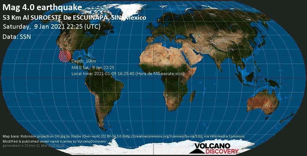 Leve terremoto magnitud 4.0 - North Pacific Ocean, 66 km SSE of Ciudad Mazatlán, Mazatlan, Sinaloa, Mexico, sábado, 09 ene. 2021
