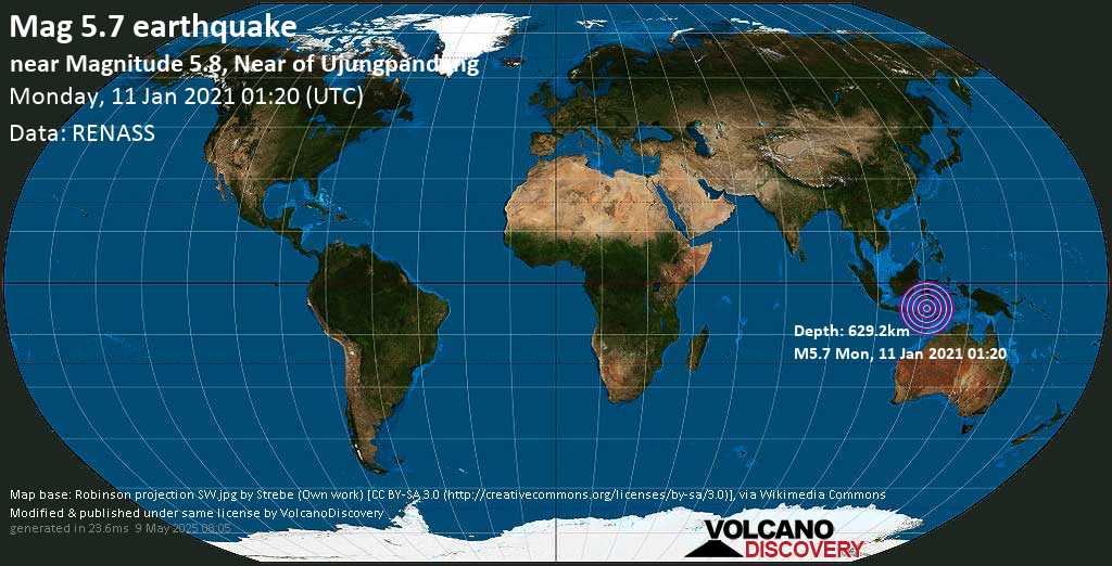 Moderate mag. 5.5 earthquake - Flores Sea, 58 km southwest of Pulau Tanahjampea Island, South Sulawesi, Indonesia, on Monday, 11 Jan 2021 9:20 am (GMT +8)