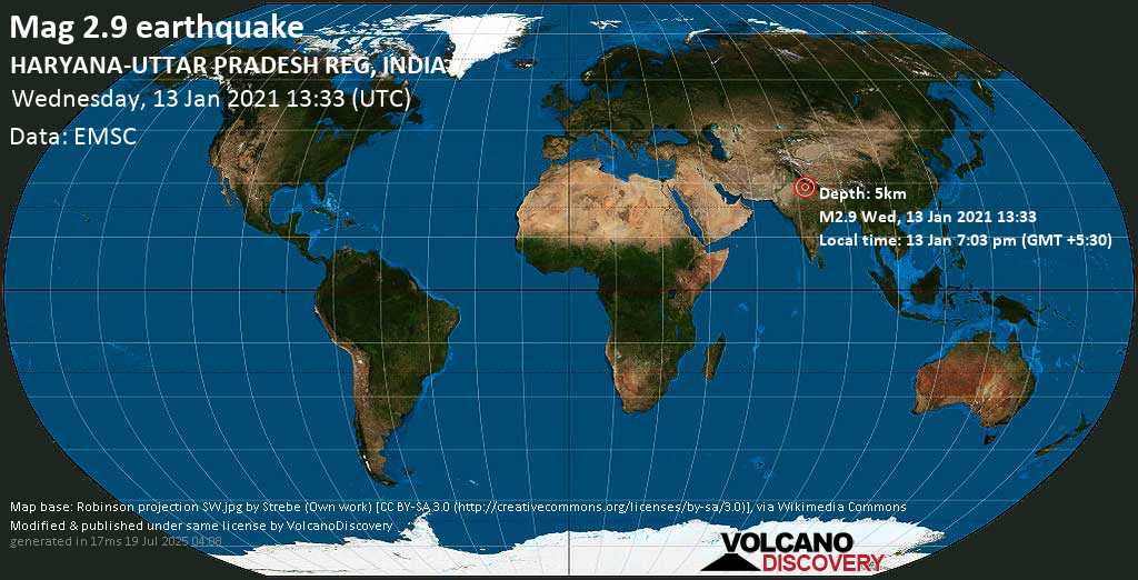 Mag. 2.9 earthquake - 5 km west of Niwāri, Ghaziabad, Uttar Pradesh, India, on Wednesday, 13 Jan 2021 7:03 pm (GMT +5:30)