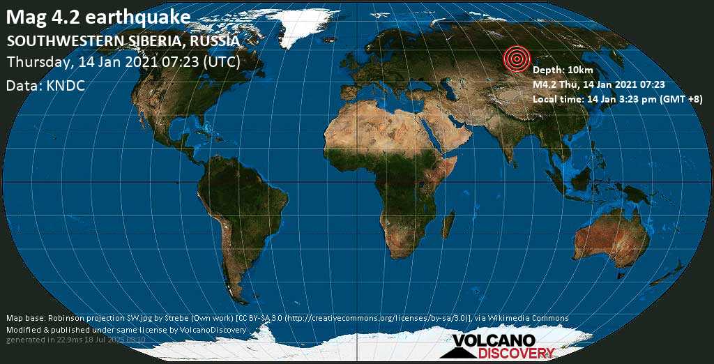 Mag. 4.2 earthquake - 582 km northwest of Irkutsk, Irkutskiy Rayon, Irkutsk Oblast, Russia, on Thursday, 14 Jan 2021 3:23 pm (GMT +8)