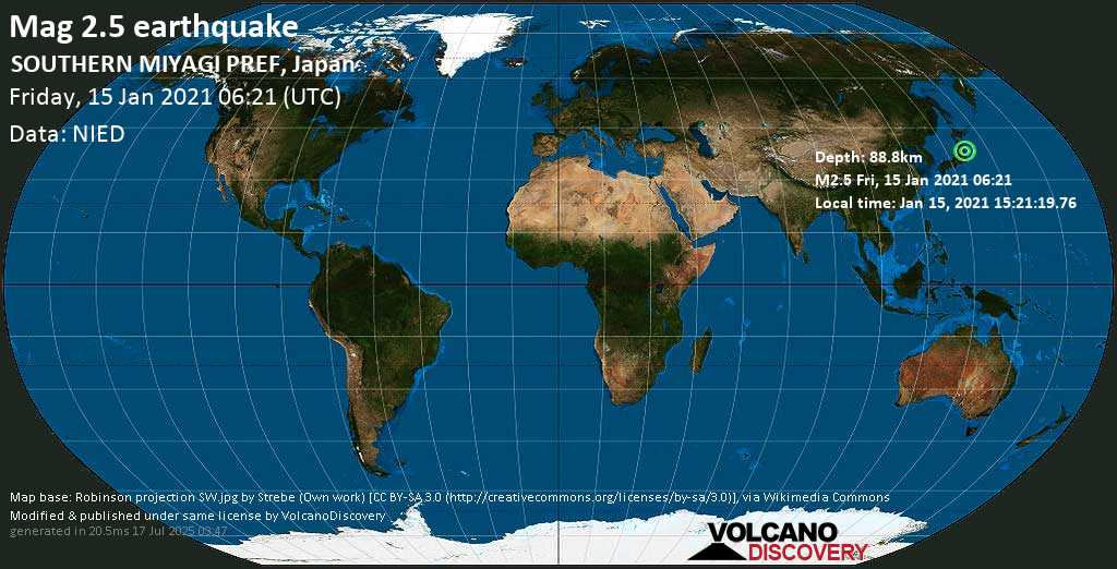 Minor mag. 2.5 earthquake - 7 km southeast of Shiroishi, Miyagi, Japan, on Friday, 15 Jan 2021 3:21 pm (GMT +9)