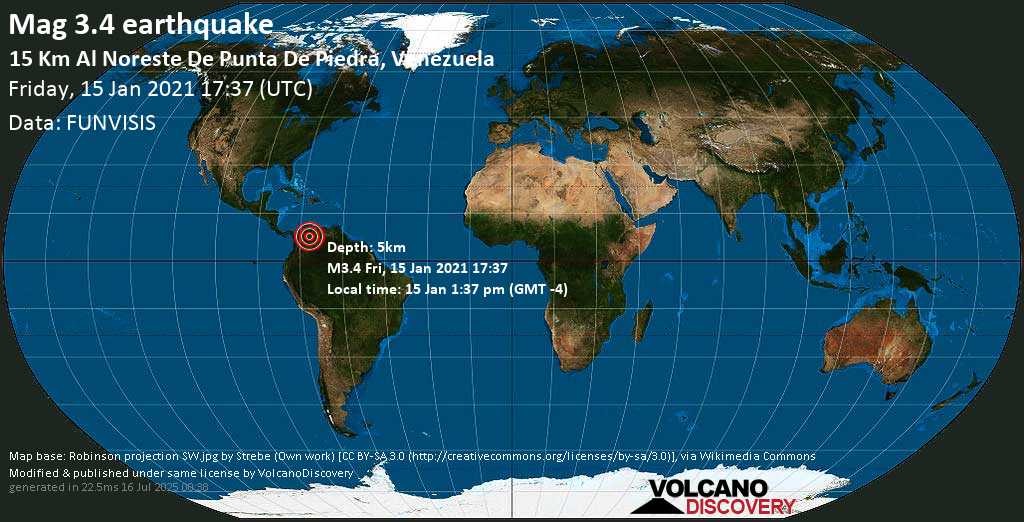 Leichtes Erdbeben der Stärke 3.4 - Barinas, 84 km südlich von Mucumpiz, Merida, Venezuela, am Freitag, 15. Jan 2021 um 13:37 Lokalzeit