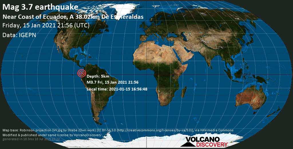 Moderates Erdbeben der Stärke 3.7 - Nordpazifik, 39 km nordwestlich von Esmeraldas, Provincia de Esmeraldas, Ecuador, am Freitag, 15. Jan 2021 um 16:56 Lokalzeit