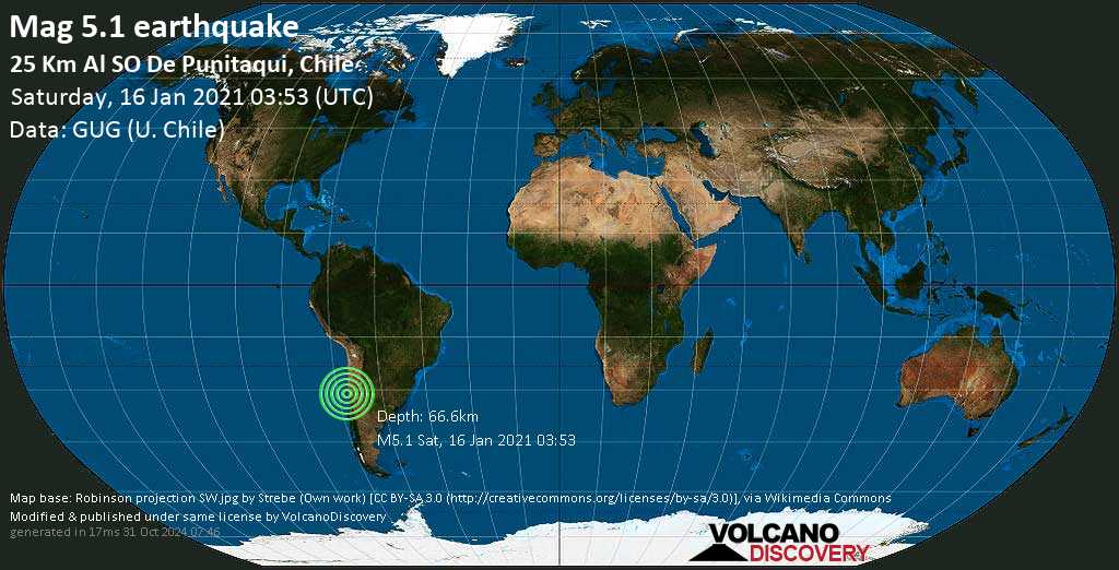 Earthquake information: Mag average.  5.1 earthquake – Limari Province, 50 km south of O’ville, Provincia de Limari, Coquimbo Region, Chile, Saturday, January 16, 2021, at 12:53 AM (GMT -3)