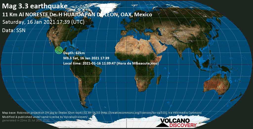 Weak mag. 3.3 earthquake - San Sebastián Progreso, 10.8 km east of Ciudad de Huajuapan de Leon, Mexico, on 2021-01-16 11:39:47 (Hora de México)