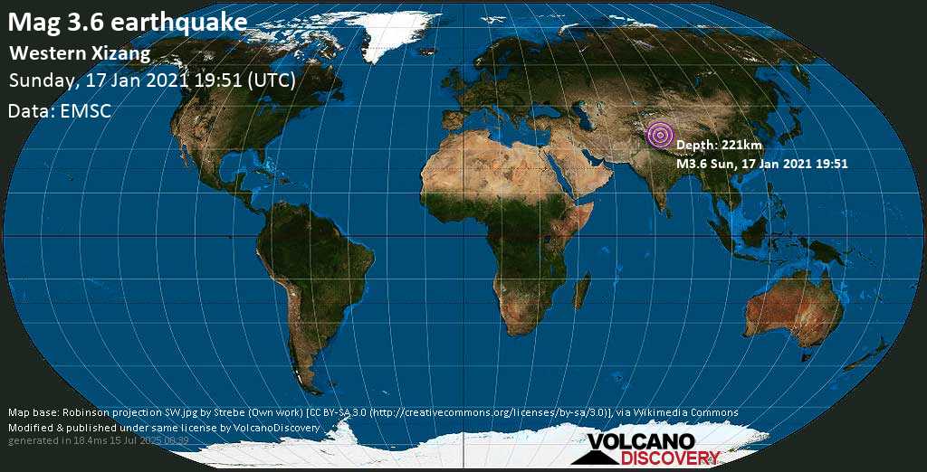 Sismo minore mag. 3.6 - Tibet, 291 km a sud da Hotan, Xinjiang, Cina, domenica, 17 gennaio 2021