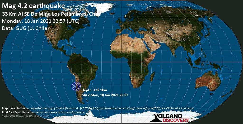 Light mag. 4.2 earthquake - Departamento de Calingasta, San Juan, 96 km northeast of San Felipe, Valparaiso, Chile, on Monday, 18 Jan 2021 7:57 pm (GMT -3)