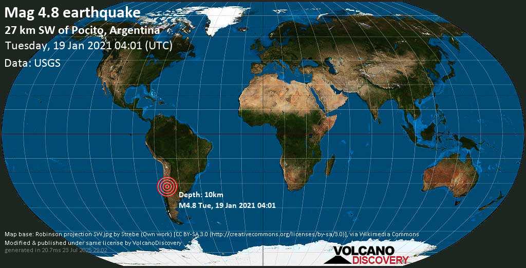 Moderate mag. 4.8 earthquake - Departamento de Sarmiento, 27 km southwest of Pocito, San Juan, Argentina, on Tuesday, 19 Jan 2021 1:01 am (GMT -3)