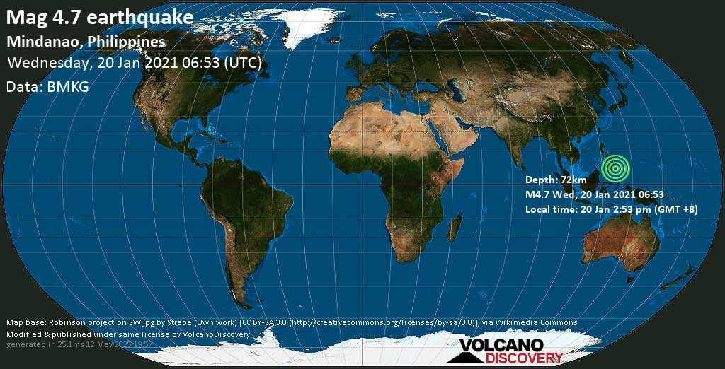 Light mag. 4.7 earthquake - Philippine Sea, 18 km west of Lupon, Province of Davao Oriental, Philippines, on Wednesday, Jan 20, 2021 at 2:53 pm (GMT +8)