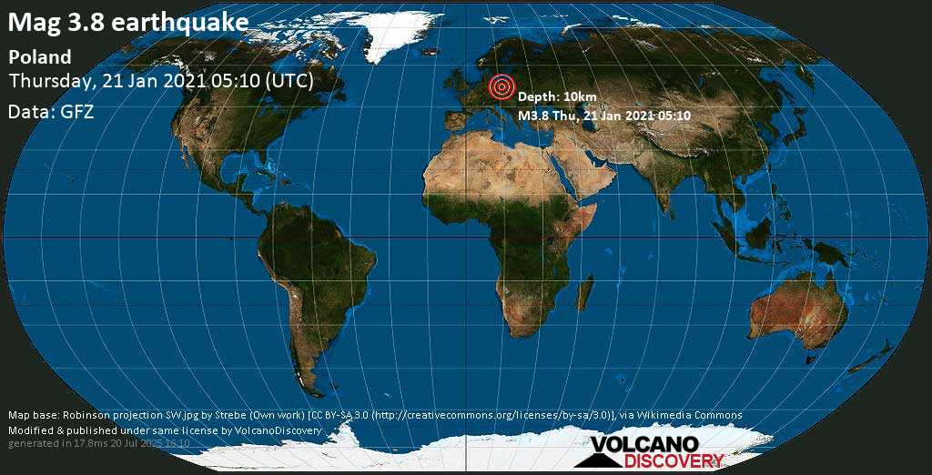 Sismo leggero mag. 3.6 - Distretto di Polkowice, 2.4 km a nord ovest da Rudna, Polonia, giovedì, 21 gennaio 2021