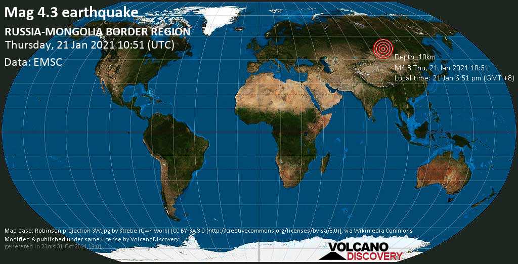 Earthquake information: Mag.  Earthquake 4.3-25 km SW Turt, Khankh, Hövsgöl Aymag, Mongolia, Thursday, Jan 21, 2021 6:51 pm (GMT +8)