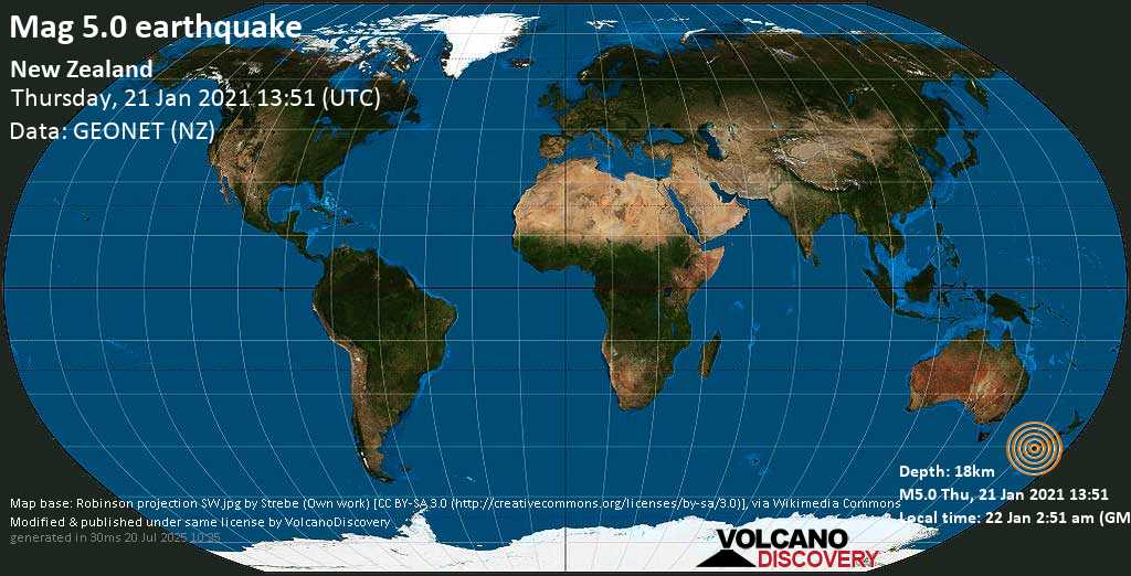 Strong mag. 5.0 earthquake - Tasman Sea, 18 km north of Bauza Island, New Zealand, on Friday, 22 Jan 2021 2:51 am (GMT +13)