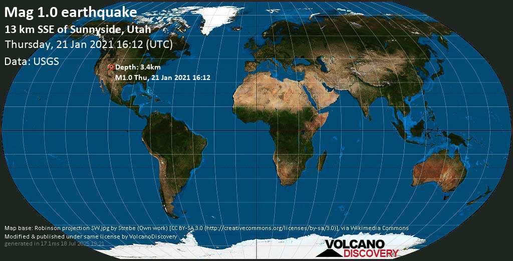 Minor mag. 1.0 earthquake - 13 Km SSE of Sunnyside, Utah, USA, on Thursday, 21 Jan 2021 9:12 am (GMT -7)