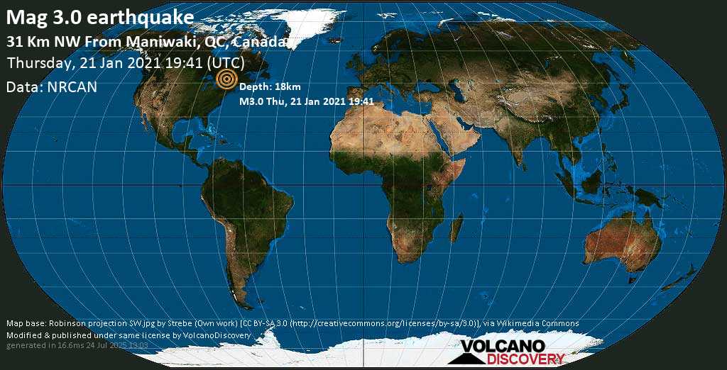Weak mag. 3.0 earthquake - 60 km west of Mont-Laurier, Laurentides, Quebec, Canada, on Thursday, 21 January 2021 at 19:41 (GMT)