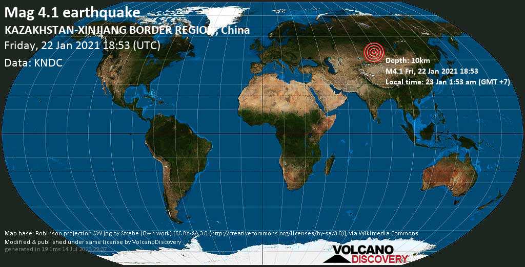 Moderate mag. 4.1 earthquake - 60 km southeast of Belyashi, Altai, Russia, on Saturday, 23 Jan 2021 1:53 am (GMT +7)