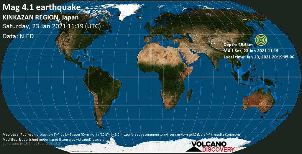 Light mag. 4.1 earthquake - North Pacific Ocean, 25 km southeast of Ōfunato, Iwate, Japan, on Saturday, 23 Jan 2021 8:19 pm (GMT +9)