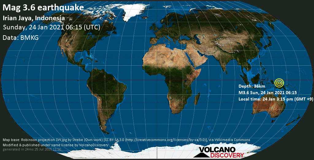 Weak mag. 3.6 earthquake - 83 km southwest of Abepura, Papua, Indonesia, on Sunday, 24 Jan 2021 3:15 pm (GMT +9)