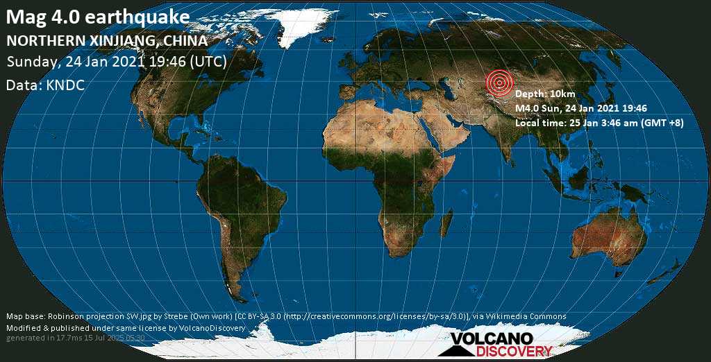Moderate mag. 4.0 earthquake - 25 km northeast of Huocheng, Ili Kazak Zizhizhou, Xinjiang, China, on Monday, 25 Jan 2021 3:46 am (GMT +8)