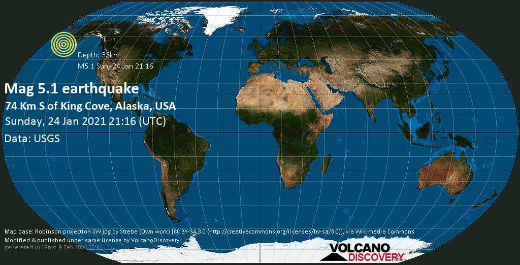 Séisme modéré mag. 5.1 - 31 km au sud-est de Cherni , Arrondissement d\'Aleutians East, Alaska, États-Unis, dimanche, 24 janv. 2021 12:16 (GMT -9)