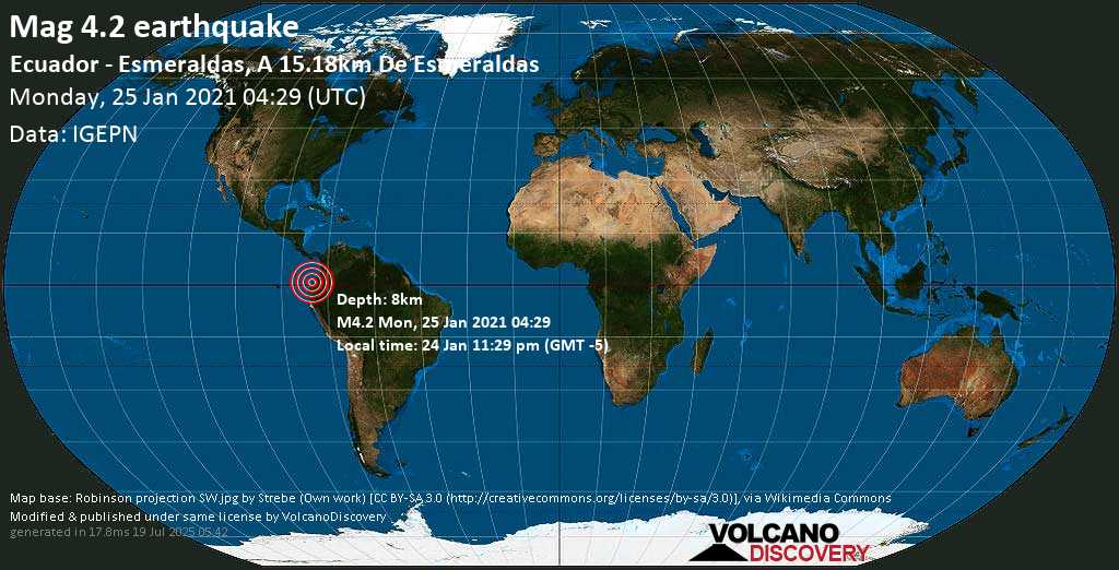 Moderate mag. 4.2 earthquake - 14 km south of Esmeraldas, Provincia de Esmeraldas, Ecuador, on Sunday, 24 Jan 2021 11:29 pm (GMT -5)