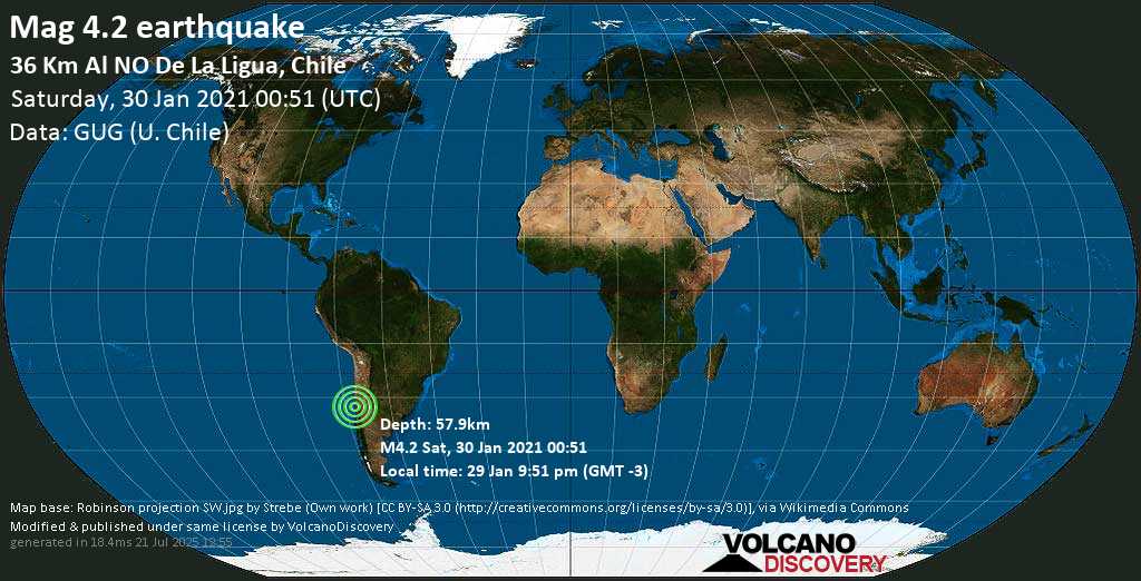 Sismo leggero mag. 4.2 - South Pacific Ocean, 37 km a nord ovest da La Ligua, Petorca Province, Valparaiso, Cile, sábbato, 30 gennaio 2021