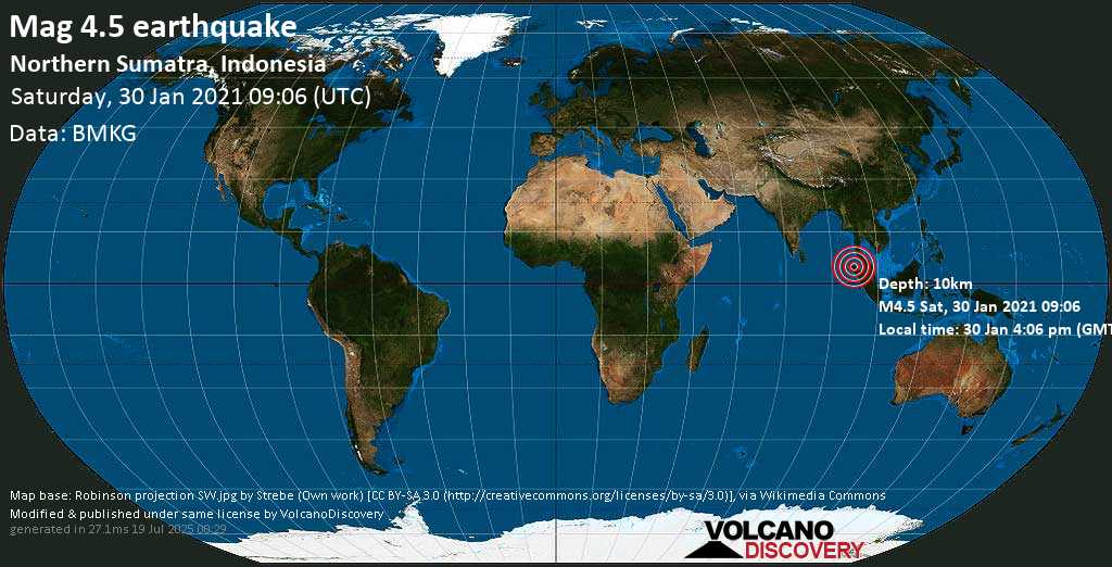 Moderate mag. 4.5 earthquake - 67 km southeast of Reuleuet, Aceh, Indonesia, on Saturday, 30 Jan 2021 4:06 pm (GMT +7)