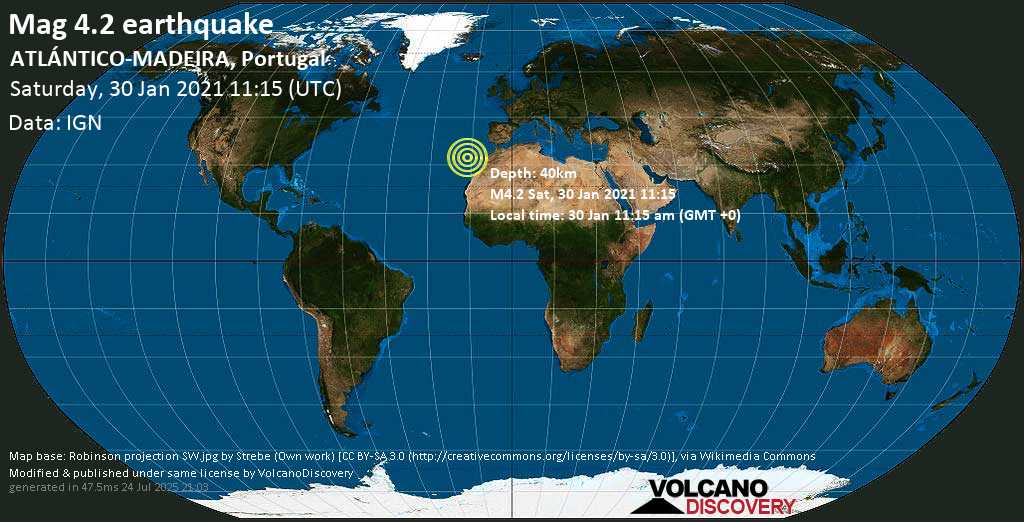 Light mag. 4.2 earthquake - North Atlantic Ocean, 78 km southeast of Funchal, Madeira, Portugal, on Saturday, 30 Jan 2021 11:15 am (GMT +0)