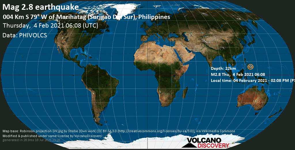 Sismo debile mag. 2.8 - 33 km a sud da Tandag, Province of Surigao del Sur, Caraga, Filippine, giovedí, 04 febbraio 2021