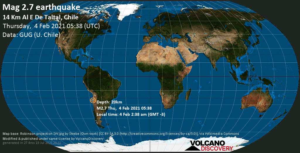 Weak mag. 2.7 earthquake - 14 km east of Taltal, Provincia de Antofagasta, Chile, on Thursday, 4 Feb 2021 2:38 am (GMT -3)