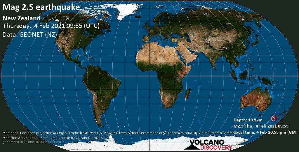 Sismo débil mag. 2.5 - Southland District, 173 km NW of Invercargill, Southland, New Zealand, jueves, 04 feb. 2021