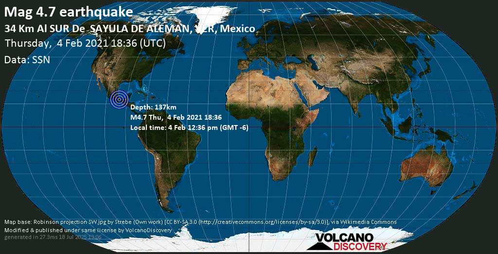 Sismo leggero mag. 4.7 - Romero Rubio, 59 km a sud ovest da Minatitlan, Veracruz, Messico, giovedì, 04 febbraio 2021