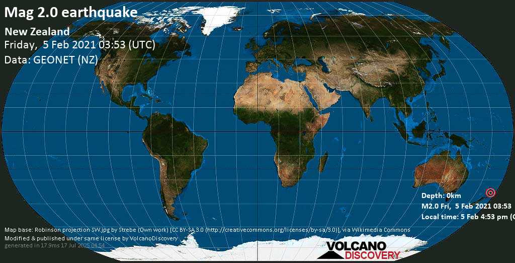 Sismo debile mag. 2.0 - Distretto di Waikato, 28 km a nord ovest da Hamilton, Waikato, Nuova Zelanda, venerdì, 05 febbraio 2021