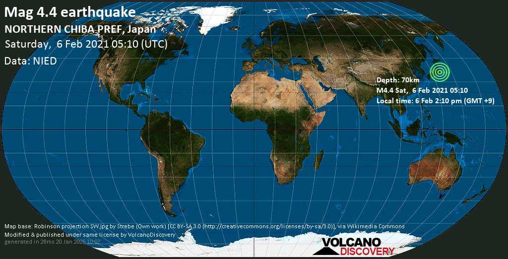 Earthquake information: Light Mag.  4.4 earthquake – Shiroi-shi, 10.1 km southeast of Abiko, Chiba, Japan, Saturday, Feb 6, 2021 2:10 pm (GMT +9)