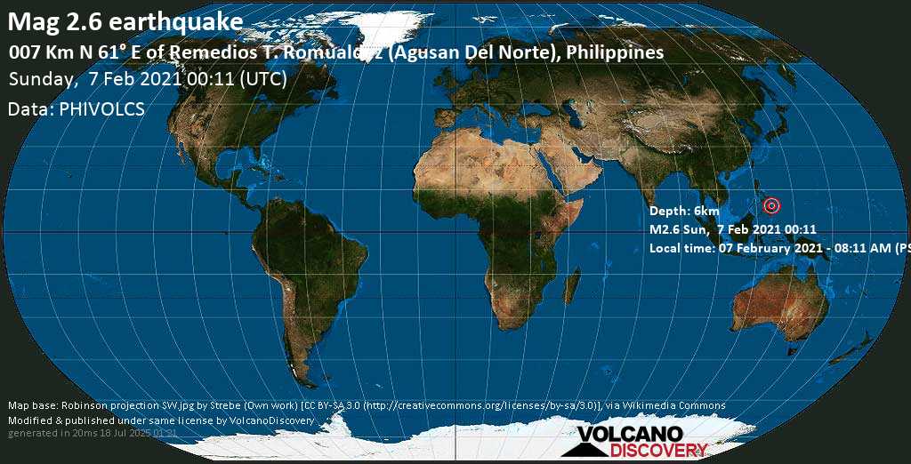 Weak mag. 2.6 earthquake - 18 km northeast of Butuan, Agusan del Norte, Caraga, Philippines, on Sunday, 7 Feb 2021 8:11 am (GMT +8)