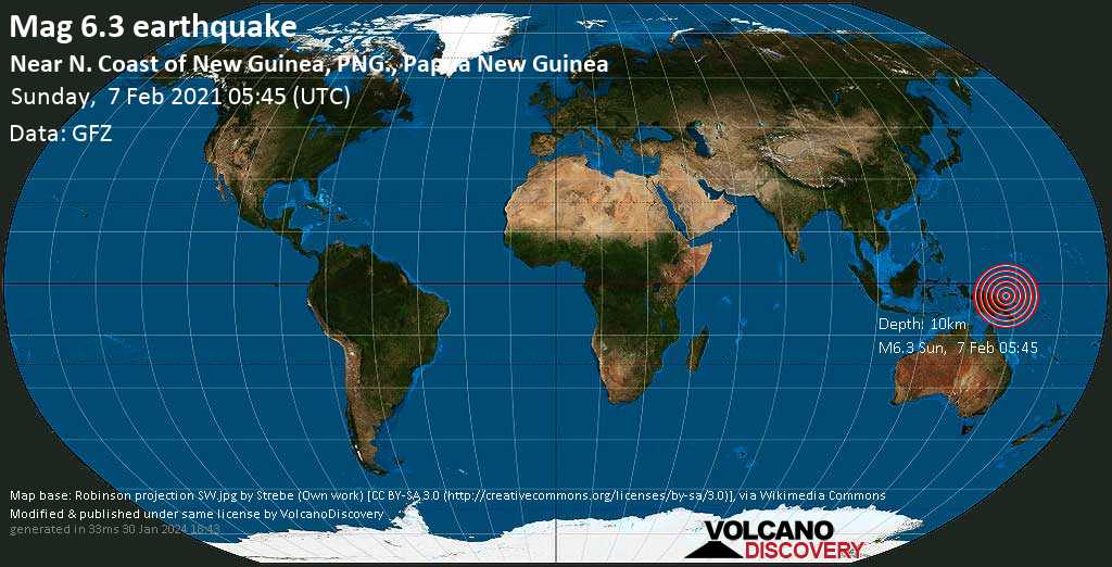 Very strong mag. 6.3 Earthquake - Near N. Coast of New Guinea, PNG., Papua New Guinea, on Sunday, Feb 7, 2021, at 03:45 pm (Port Moresby time)