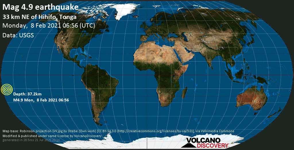 Terremoto moderado mag. 4.9 - South Pacific Ocean, 38 km NNE of Hihifo, Niuas, Tonga, lunes, 08 feb. 2021