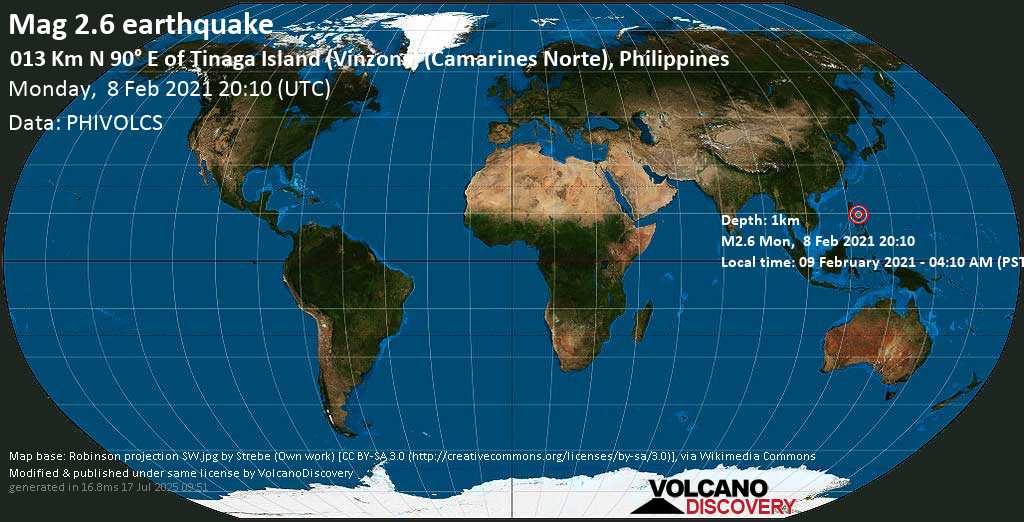 Weak mag. 2.6 earthquake - 12 km south of Daet, Camarines Norte, Bicol, Philippines, on Tuesday, 9 Feb 2021 4:10 am (GMT +8)