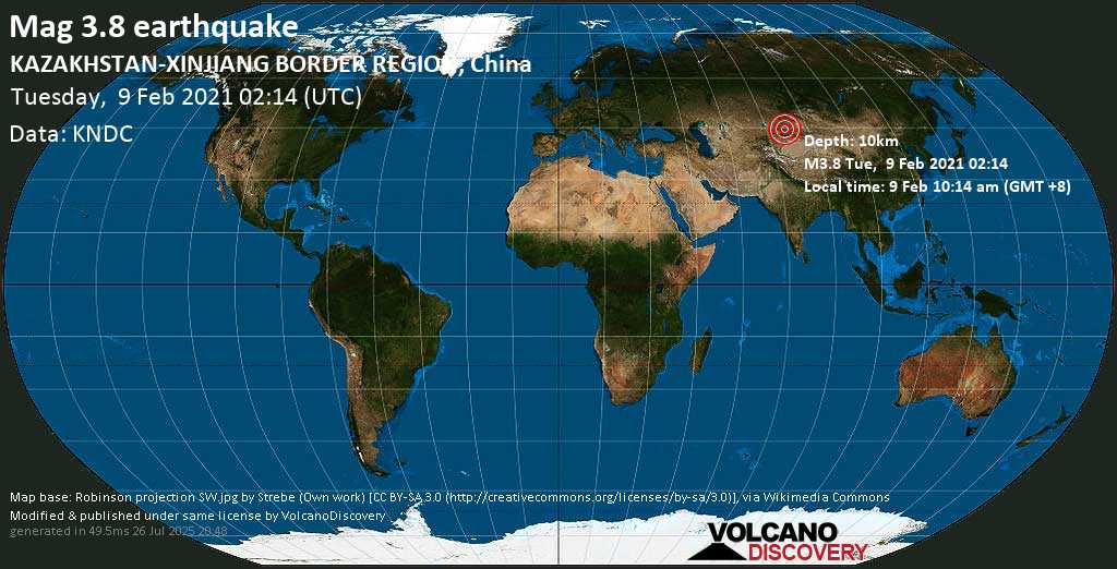 Light mag. 3.8 earthquake - Kazakhstan, 19 km north of Huocheng, Ili Kazak Zizhizhou, Xinjiang, China, on Tuesday, 9 Feb 2021 10:14 am (GMT +8)