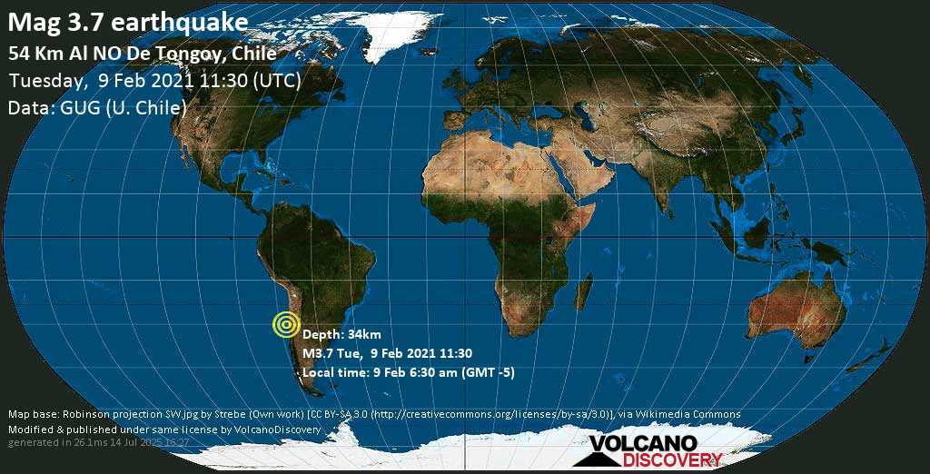 Terremoto leve mag. 3.7 - South Pacific Ocean, 67 km W of La Serena, Provincia de Elqui, Coquimbo Region, Chile, Tuesday, 09 Feb. 2021