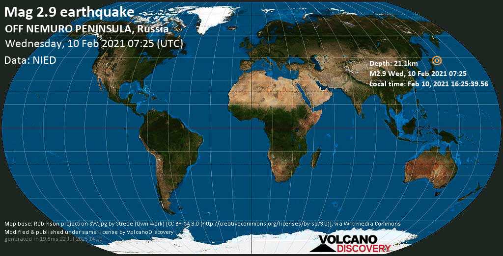 Sismo debile mag. 2.9 - North Pacific Ocean, 92 km a sud-est da Nemuro, Hokkaido, Giappone, mercoledì, 10 febbraio 2021