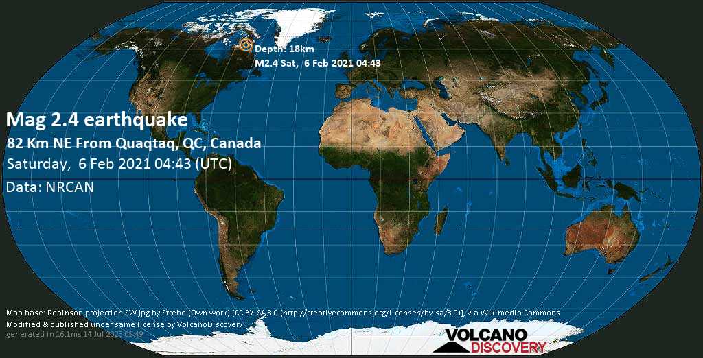 Weak mag. 2.4 earthquake - Quebec, Canada, on Saturday, 6 February 2021 at 04:43 (GMT)