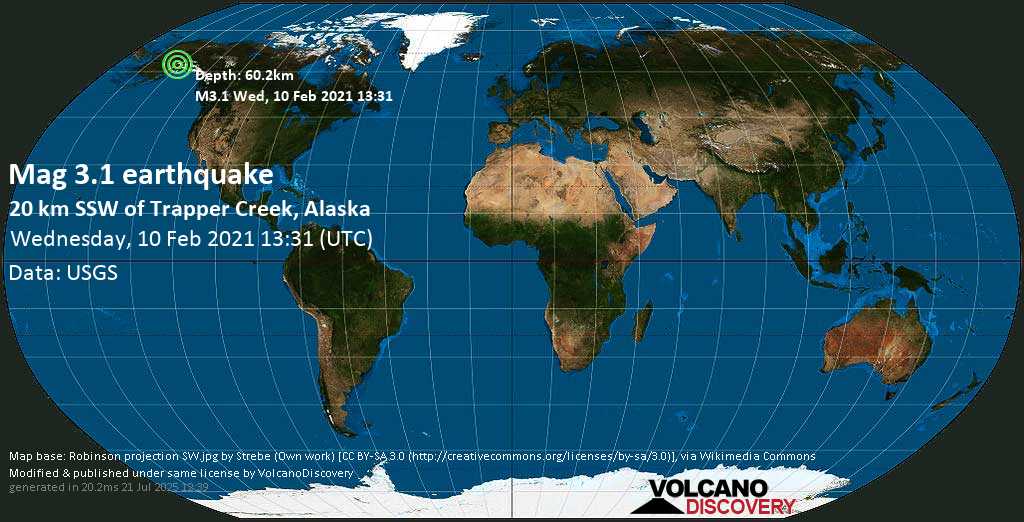 Sismo muy débil mag. 2.5 - 20 Km SW of Trapper Creek, Alaska, USA, Wednesday, 10 Feb. 2021