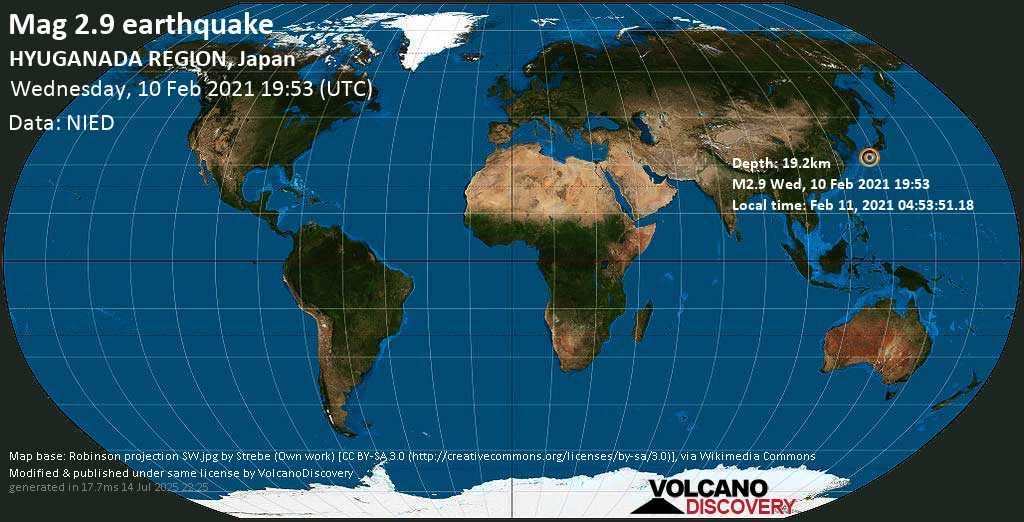 Sismo debile mag. 2.9 - Philippines Sea, 56 km a est da Miyazaki, Giappone, mercoledí, 10 febbraio 2021