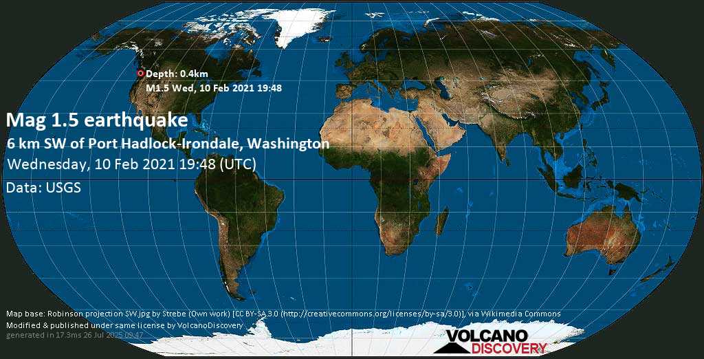 Sismo muy débil mag. 1.6 - Explosion - 6 Km SW of Port Hadlock-Irondale, Washington, USA, Wednesday, 10 Feb. 2021