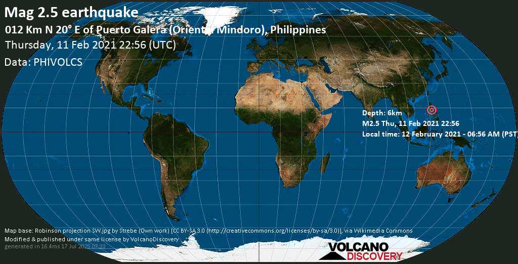 Sismo debile mag. 2.5 - South China Sea, 19 km a sud da Batangas, Calabarzon, Filippine, giovedì, 11 febbraio 2021
