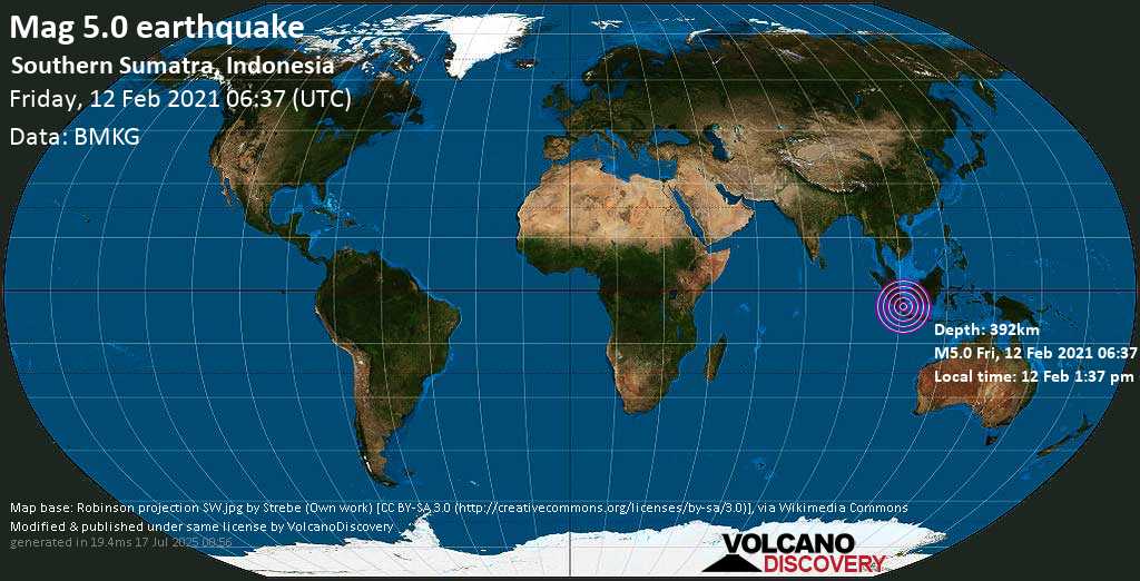 Terremoto moderato mag. 5.0 - 90 km a nord da Metro, Lampung, Indonesia, venerdì, 12 febbraio 2021