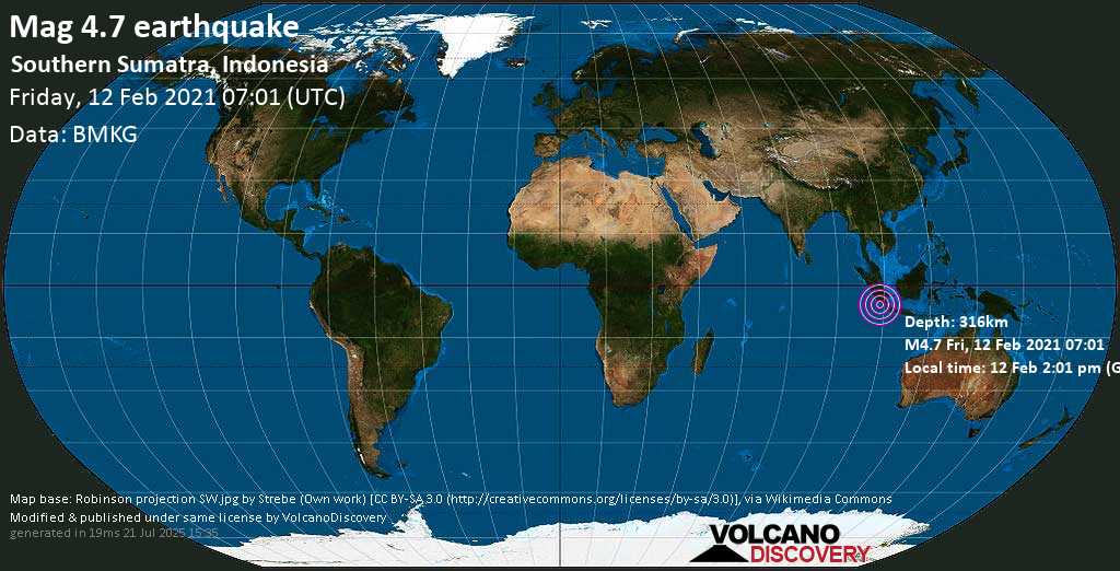 Light mag. 4.7 earthquake - Indian Ocean, 189 km southeast of Bengkulu, Indonesia, on Friday, 12 Feb 2021 2:01 pm (GMT +7)