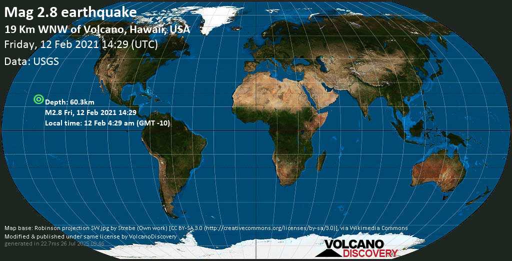 Minor mag. 2.8 earthquake - 27 mi southwest of Hilo, Hawaii County, USA, on Friday, 12 Feb 2021 4:29 am (GMT -10)