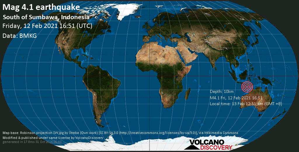 Earthquake information: Mag average.  4.1 Earthquake – Indian Ocean, Indonesia, Saturday, February 13, 2021, 12:51 am (GMT +8)